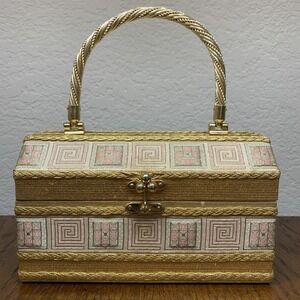 Vtg Italian Gold Tapestry Hard Case Handbag Purse Kiss Lock Green Lining Mirror